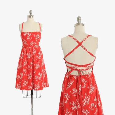 Vintage 70s red tropical bamboo leaf cotton backless dress 