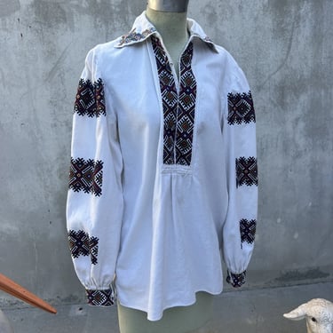 Vintage 1930s Romanian Peasant Blouse Linen Cross Stitch Embroidery Top Shirt