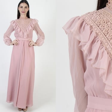 Pink Chiffon Wedding Dress, Victorian Belted Bridal Gown, Norman Berg For Denise Fashions 