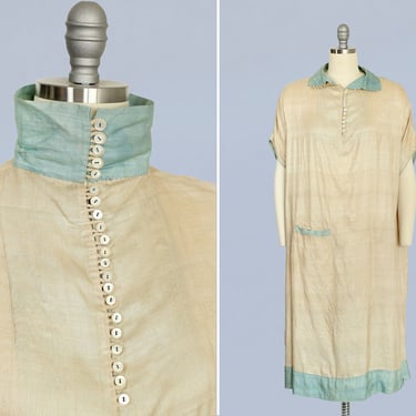 1920s Dress / Pongee Raw Silk High Neck Button Dress /Size L XL / Pocket / Smock Dress 