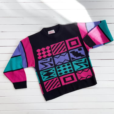 neon sweater 80s vintage black hot pink graphic pattern sweater 