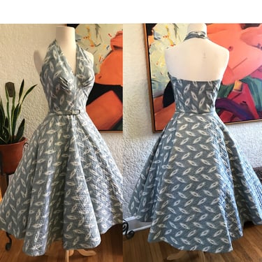 Killer 1950's Halter Dress with matching Shawl and full quilted skirt by 