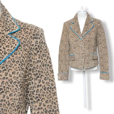 Vintage Suede Leopard Print Jacket with Turquoise Blue Trim M 6/8 