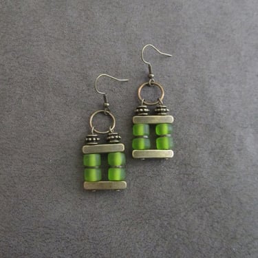 Green sea glass earrings, bronze earrings, statement earrings, bold earrings, industrial earrings, tribal ethnic earrings, chic unique 
