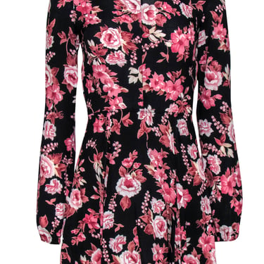Reformation - Black & Floral Print Long Sleeve Open Back Mini Dress Sz S