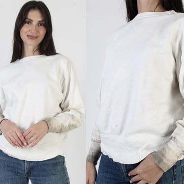White Plain Sweatshirt, Vintage 50s Crewneck, Single V Neckline, 60s Solid Color Jumper 