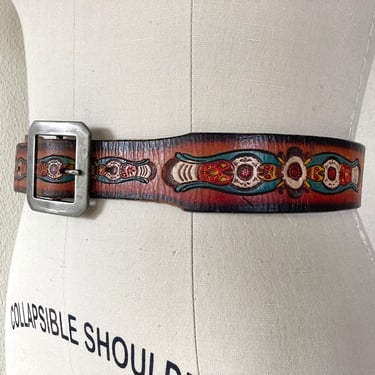 Vintage Old Stud Handmade tooled leather belt 