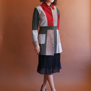Vintage Color Block Suede Jacket/ 90s Does 70s Mid Length Coat/ Size Medium 