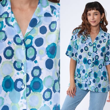 Vintage 90s Geometric Shirt -- Blue Circle Print Blouse Watercolor Button Up Shirt 1990s Short Sleeve Extra Large xl 