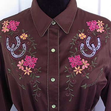 Panhandle Slim Vintage Retro Women's Cowgirl Blouse Rodeo Queen Shirt Rockabilly Embroidered Horseshoes & Flowers Large (see meas. photo) 