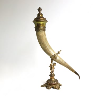 Antique French Cornucopia Horn Statue Horn of Plenty French Putti Figurine Trophy Drinking Horn Brass ca. 1890 