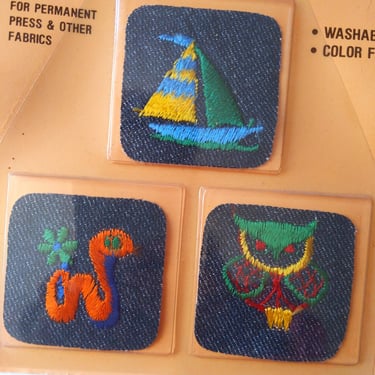Cute Vintage 70s 80s Jean Iron-on Transfer Patches with Owl, Sailboat & Snake 