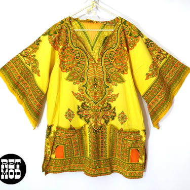 Unique Vintage 70s Yellow Orange Green Boho Cotton Angel Wing Tunic with Pockets 