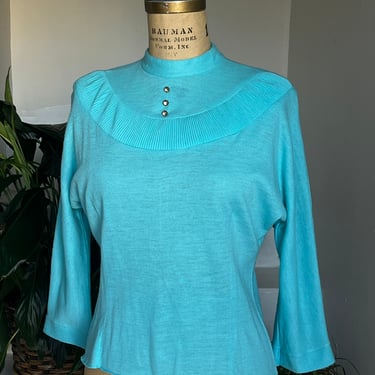 MCM Bright Turquoise Zip Back Sweater Great Details Form Fitting 40 Bust Vintage 