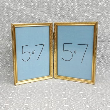 Vintage Hinged Double Picture Frame - Tabletop Gold Tone Metal w/ non-glare Glass - Holds Two 5