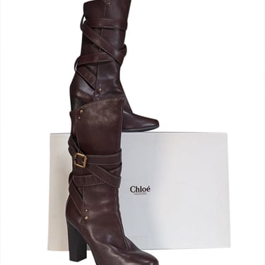 Chloe - Brown Leather Wrap Around Buckle Detail Tall Boots Sz 10.5