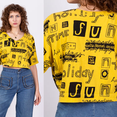 80s Sand & Sun Holiday Fun Time Graphic Cropped Tee - Small | Vintage Yellow Black Oversized Crop Top Tourist T Shirt 