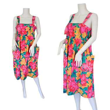 1980's Bright Pink Tropical Floral Print Cotton Blend Shift Dress I Sz Lrg I Pockets 