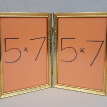 Vintage Hinged Double Picture Frame - Tabletop - Gold Tone Metal w/ non-glare Glass - Holds Two 5