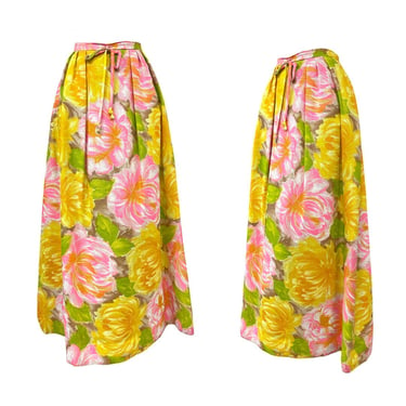 Vtg 70s 1970s Dayglo Era Neon Yellow Pink Floral Spring Wedding Guest Maxi Skirt 
