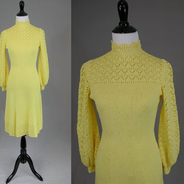 70s Yellow Knit Dress - High Collar - Picardo Knits - Vintage 1970s - S 