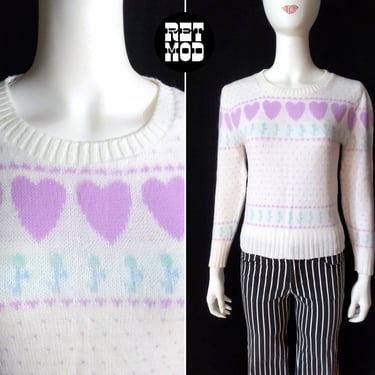 So Cute Vintage 80s Pastel Purple Hearts & Blue Flowers on White Pullover Sweater 