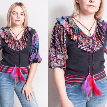 Vintage 1980's | Mixed Pattern | Ruffled Collar | Feather Tassel | Knit | Pullover | Top | S 