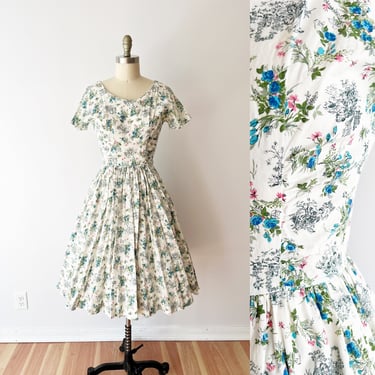 SIZE XS / S 1950s Toile Print Floral Cotton Dress / Novelty Print Nature Dress / Cotton Day Dress Summer 