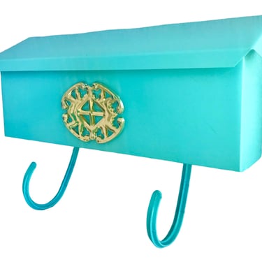 Mid-Century Modern Turquoise Metal Mailbox | Space Age Gold Emblem | Retro Horizontal Wall Mount Letter Box | In Original Box! 