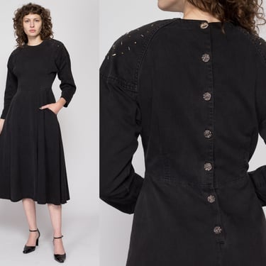 Small 80s Black Studded Button Back Midi Dress | Vintage Dolman Sleeve Shoulder Pad Cotton Twill Pocket Dress 