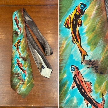 Vintage 1940’s Hand Painted Fish in Stream Silk Swing Neck Tie, Fish, River, Rockabilly, Vintage Tie, Swing, Silk, Satin, Deco, VOH1005 