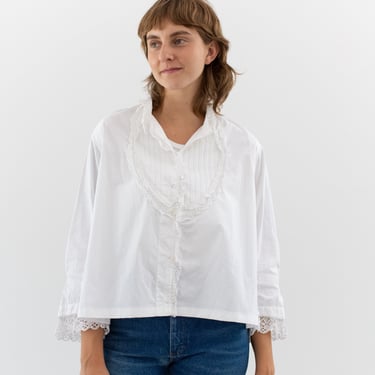 Antique White Pleat Ruffle Light Cotton Shirt | Crochet Vintage Nightgown Blouse | M | 
