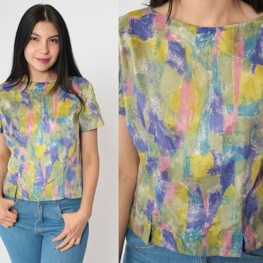 60s Blouse Abstract Brushstroke Shirt Judy Bond Button Back Shirt Vintage 1960s Multicolor Top Sixties Short Sleeve Vibrant Small 
