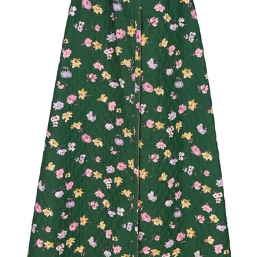 Geoffrey Beene 1970s Floral Green Quilted Cotton Maxi Skirt 