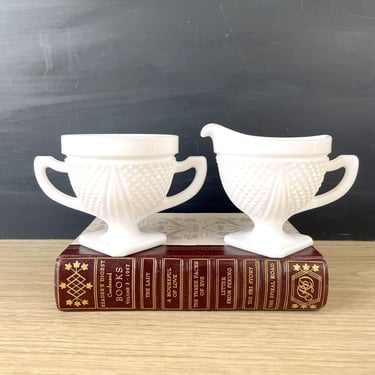 Westmoreland Diamond Cut milk glass cream and sugar 