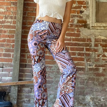 Vintage 70s Psychedelic Abstract Print Pull on Kick Flare Cropped High Waisted Pants by TimeBa