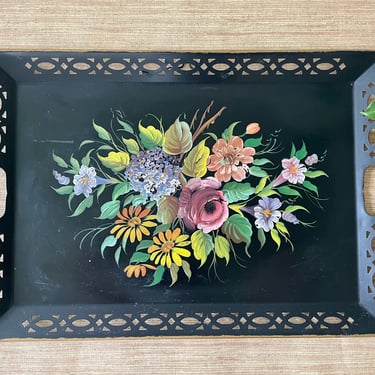 Vintage Nashco Floral Hand Painted Black Toleware Tray - Large Tole Metal Tray - Serving Tray - Cottage Chic - Wall Decor 