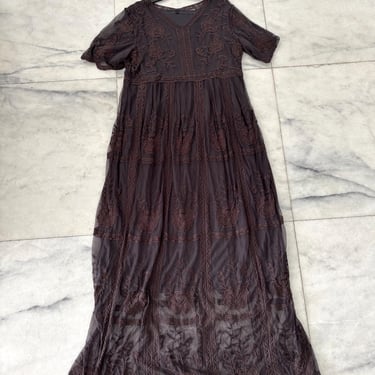 Vintage Women’s Maxi Dress Embroidered Lace Overlay Gray Brown Whimsigoth Witchy Large 