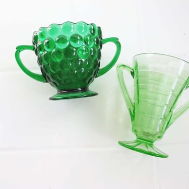 Vintage Green Double Handle Glassware Lot of 2 - Emerald Light Green Depression Glass - Sugar Bowl - Bud Flower Vase 