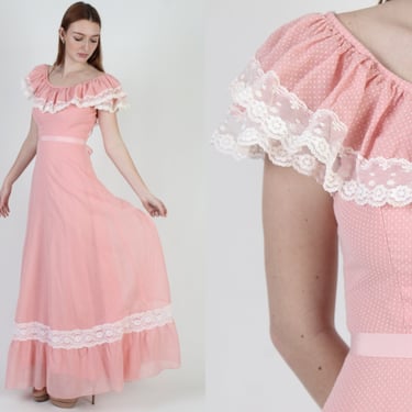 Vintage Pink Swiss Dot Dress / 1970s Bridal Polka Dot Prom Gown / Fairytale Princess Cottagecore Lace Maxi 