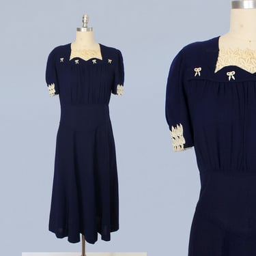 1930s Dress / 30s 40s Navy Blue Rayon Dress / Celluloid BOWS 