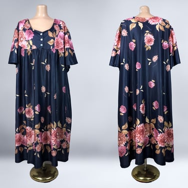 VINTAGE 80s Chrysanthemum Print House Dress Kaftan with Pockets 4X | 1980s Plus Size Caftan Hostess Lounge Dress | Floral Border Print | VFG 