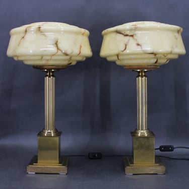 1940s Pair of Italian Restored Brass Table Lamps with Glass Shades 