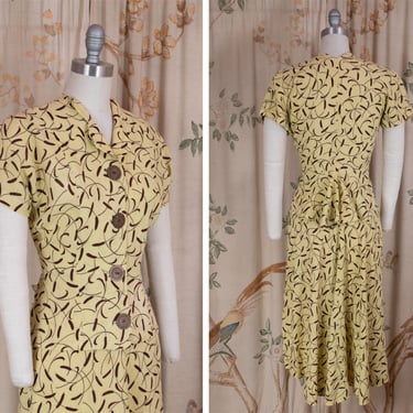 1940s Suit - The Marshway Set - Fantastic Printed Linen Two Piece 40s Skirt Set with Peplum Blouse and Cattail Print 