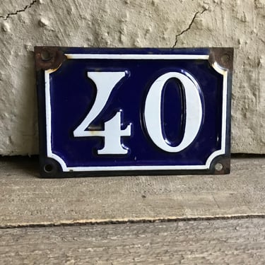 French Enamel Sign, Street Address Sign, Cobalt Blue White Traditional House Number 40 