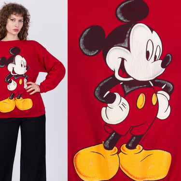 90s Mickey Mouse Sweatshirt - One Size | Vintage Red Disney Cartoon Crew Neck Pullover 