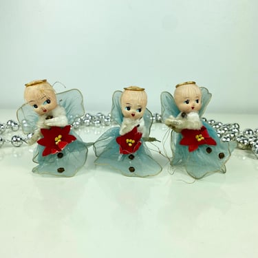 Vintage Baby Blue Tulle Christmas Angel set of 3, Made in Japan 1940 1950 Poinsettia Chenille Pipe Cleaner, Angel Pixie Fairy, Mercury Glass 