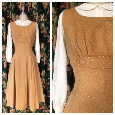 1950s Dress - Vintage 50s Sleeveless Jumper Style Dress Made in Swiss Dot Printed Corduroy with Fit and Flare Silhouette 