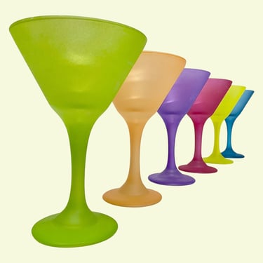 Vintage Libbey Martini Glasses Retro 1990s Contemporary + Multi-Colored Glass + Frosted + Neon + Set of 6 + Barware + Drinking + Cocktails 