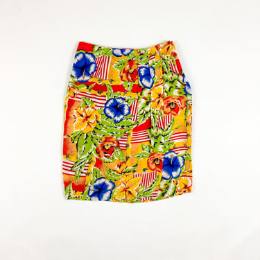 1990s Bright Floral Silk Wrap Skirt / Size 14 / Large / XL / Pencil Skirt / Hibiscus / Bamboo / Stripes / Beach / Miami / Loud / The Nanny / 